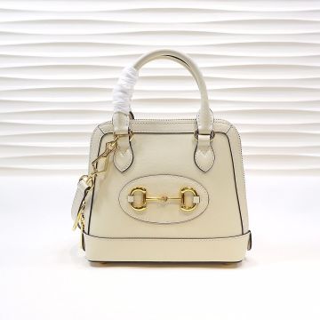 Replica Gucci Horsebit 1955 Collection Ladies Bright White Leather Zip Design Gold Protection Foot Studs Elegant Mini Tote Bag