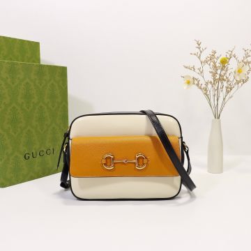  Gucci Horsebit 1955 White Leather Yellow Front Flap Pocket Design Gold Hardware Adjustable Straps Small Crossbody Bag For Ladies