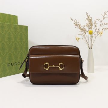 Low Price Dark Brown Smooth Leather Front Gold Detail Zip Closure Horsebit 1955 Bag—Clone Gucci Women'S Classic Shoulder Bag