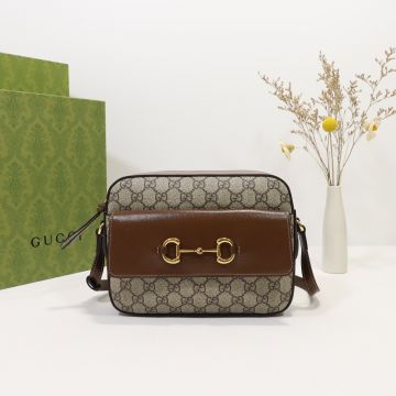 Top Sale Beige Canvas GG Pattern Brown Leather Trim Front Gold Detail Horsebit 1955 Bag—Imitated Gucci Small Women'S Shoulder Bag 645454 92TCG 8563