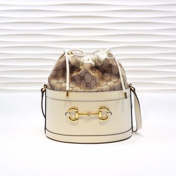 Low Price Beige GG Supreme Canvas Drawstring Design White Leather Base Horsebit 1955 Bucket Bag—Replica Gucci Classic Diagonal Bag For Ladies