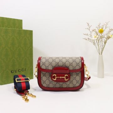 Online Ebony GG Supreme Canvas Red Leather Trim Front Gold Detail  Horsebit 1955—Imitation Gucci Mini Shoulder Bag For Ladies