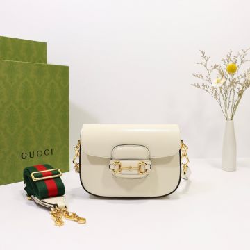  Gucci Horsebit 1955 Collection White Leather Look Gold Hardware Detachable Double Straps Fashion Women Mini Bag