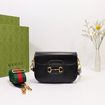 Copy High End All Black Leather Design Flap Opening Metal Color Details Horsebit 1955—Gucci Classic Women'S Mini Bag 