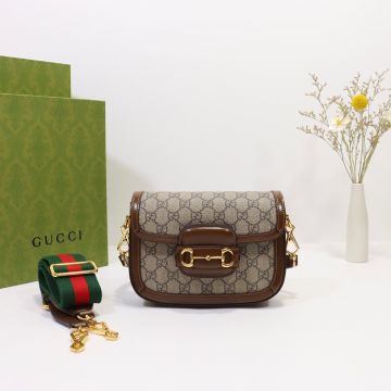 Replica Gucci Horsebit 1955 Beige GG Canvas Dark Brown Leather Trim Flap Put Closure Double Strap Classic Mini Bag For Female