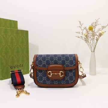  Gucci Horsebit 1955 Collection Dark Blue-Ivory Double G Fabric Brown Leather Trim Double Strap Design Women'S Mini Handbag