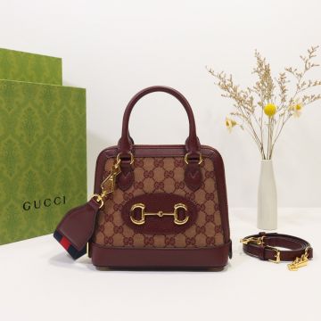  Gucci Horsebit 1955 Collection Burgundy GG Canvas Leather Trim Extended Zip Closure Double Handle Design Elegant Women'S Handbag