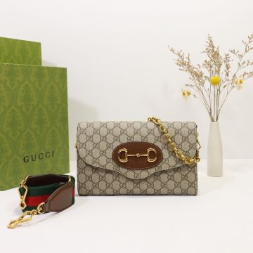  Gucci Horsebit 1955 Beige GG Canvas Wavy Flap Gold Accessory Chain Strap Small Women'S Convenience Bag