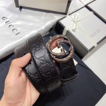High Quality Gucci Signature GG Logo Embossed Antique Silver GG Buckle Black Leather Business Belt For Men/Women Replica 3.8CM