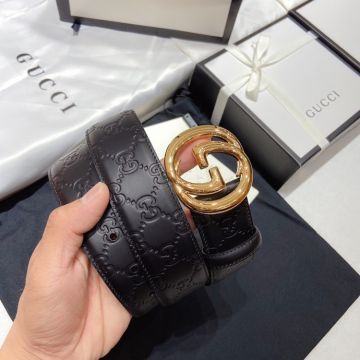 Fall Popular Gucci Yellow Gold Plated Interlocking G Pin Buckle Unisex Fashion 3.8CM Black Signature Calfskin Leather  Belt