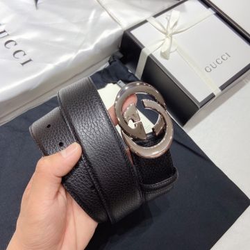 Top Sale Gucci 3.8CM Grainy Leather Strap Classic Shiny Silver Interlocking G Buckle Leisure Belt For Male/Female