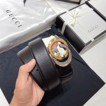 Best Quality Gucci Shiny Silver & Yellow Gold Two-tone Interlocking G Buckle Unisex Black Grainy Leather 3.8CM Belt 