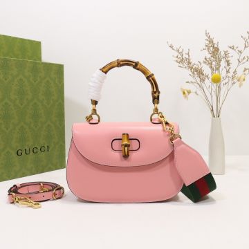 Fake Gucci Bamboo 1947 Collection Pink Leather Flap Design Swivel Closure High Handle Red-Green Web Elegant Small Tote Bag For Ladies