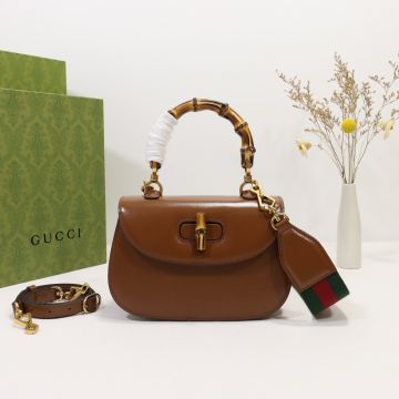 ‎Clone Gucci Bamboo 1947 Brown Leather Vintage Gold Bamboo Accessories Flap Swivel Closure Classic Small Tote Bag For Ladies 675797 10ODT 2579