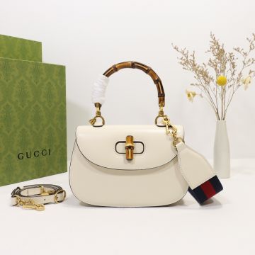  Gucci Bamboo 1947 Collection All White Leather Look Red-Green Web Single Handles Elegant Ladies Small Tote Bag 675797 10ODT 8454