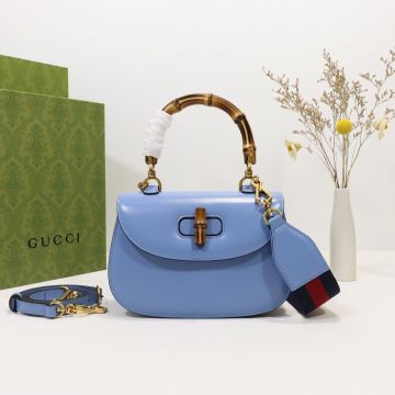 Chic Light Blue Leather Flap Swivel Closure Design Red-Blue Web Strap Bamboo 1947 Bag— Gucci Gentle Small Top Handle Bag