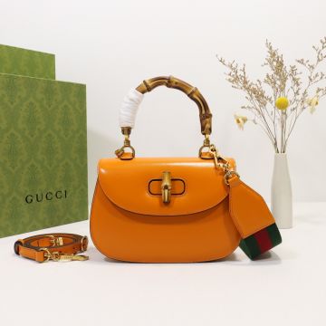  Gucci Bamboo 1947 Yellow Leather Flip Swivel Closure High Handle Detachable Strap Bright Women'S Shoulder Bag 675797 10ODT 7769