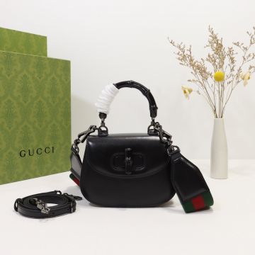 Gucci Bamboo 1947 Black Leather Same Color Handle Swivel Closure Design Premium Mini Tote Bag For Women