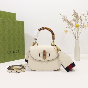 Best Quality White Leather Black Edge Flap Swivel Closure Bamboo 1947— Gucci Cute Mini Tote Bag For Ladies 