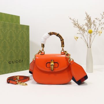 Copy Gucci Bamboo 1947 Flip Rotating Closure Orange Leather Look Top Single Top Handle Dazzling Ladies Mini Tote Bag