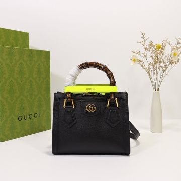 Clone Gucci Diana Bamboo Black Leather Look Magnetic Buckle Double Handle Design Elegant Women'S Mini Tote Bag