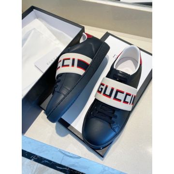 Unique Design Gucci Ace Logo Pattern Velcro Strap Male Black Leather Low Top Lace Up Sneakers For Sale Replica
