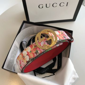Best Gucci Blloms Beige/Grey GG Supreme Canvas 3.5CM Strap Women GG Yellow Gold Oin Buckle Flower Printing Motif Belt Online