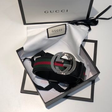 Hot Selling Gucci Red/Green Web Detail Black Leather Men Shiny Antique Silver Interlocking G Pin Buckle Fake Belt 4.0CM