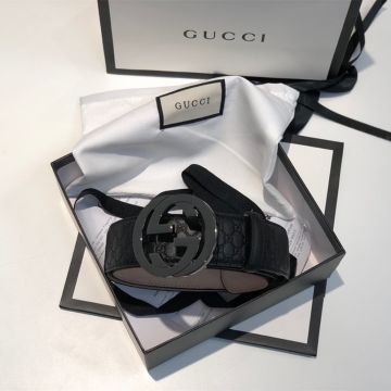 Cheapest Gucci Black Signature Leather Strap Antique Silver Interlocking GG Buckle Fashion Belt For Men UK