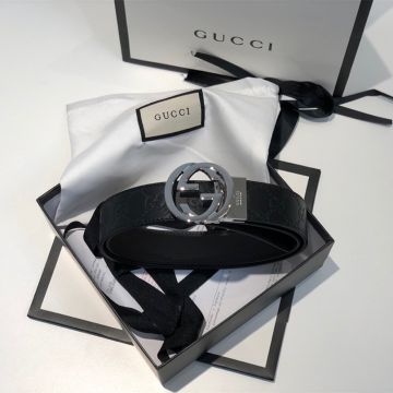 2022 New Gucci Interlocking GG Antique Silver Plated Buckle Black Signature Leather 3.5CM Reversible Belt For Men