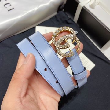2021 Fashion Gucci Marmont Brass GG Buckle White Pearl Detail Women Light Blue Smooth Leather 2CM Fashion Belt Online