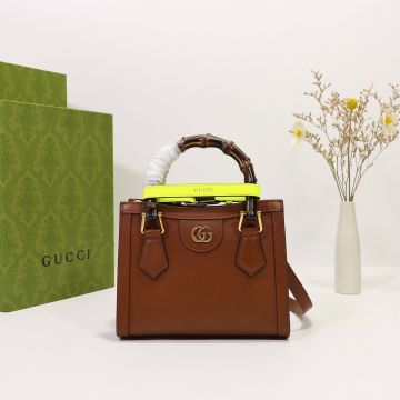  Gucci Diana Original Leather Yellow Handle Buckle Decorated Leather Shoulder Strap Mini Tote Bag For Ladies