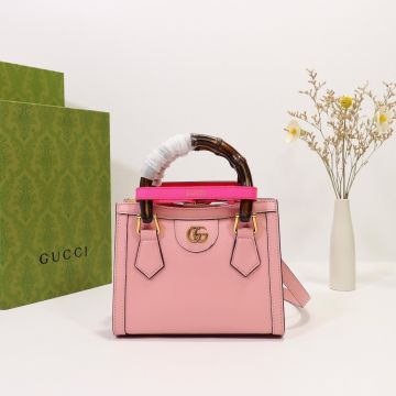 Faux Gucci Diana Collection Pink Leather Double Bamboo Rose Handle Buckle Decorated Super Cute Mini Tote Bag For Female