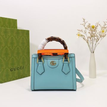 For Sale Blue Look Orange Bamboo Handle Decorated Adjustable Leather Shoulder Strap Diana Collection—Fake Gucci Elegant Women'S Shoulder Bag
