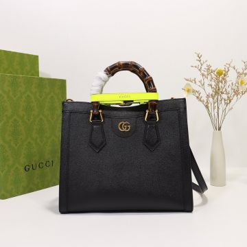 Replica Gucci Diana Black Leather Gold GG Yellow Bamboo Handle Buckle Belt Small Utility Women'S Tote Bag 