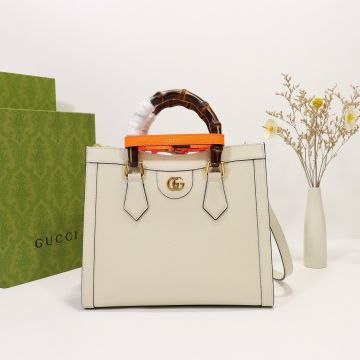 Low Price White Leather Vintage Bamboo Handle Orange Buckle Strap Diana Collection—Fake Gucci Pure Style Women'S Small Shoulder Bag
