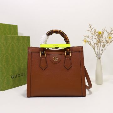 Faux Gucci Diana Brown Leather Gold Hardware GG Logo Yellow Handle Buckle Belt Classic Design Women Small Tote Bag