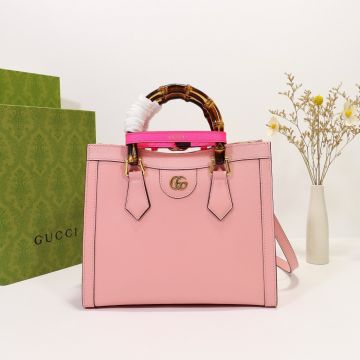 Online Copy Gucci Diana Pink Leather Bamboo Handle Rose Color Belt Decorated Gold Hardware Gentle Intellectual Women'S Handbag 
