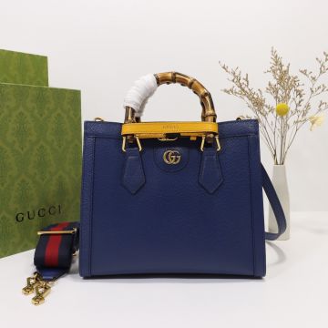 Replica Gucci Diana Sapphire Blue Leather Red-Blue Web Strap Yellow Bamboo Handle Belt Small Tote Bag For Mature Women 