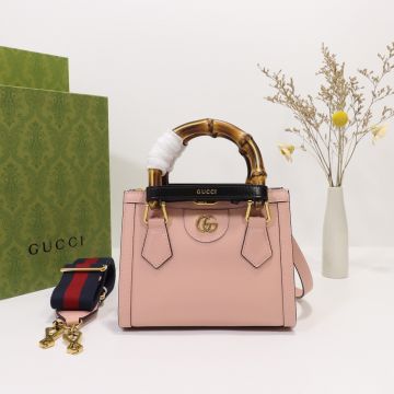 Best Discount Pink Leather Black Bamboo Handle Belt Double Shoulder Straps Diana Collection— Gucci Romantic Mini Tote Bag 