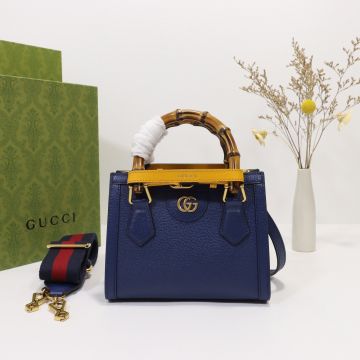  Gucci Diana Mini Style Sapphire Blue Look Yellow Bamboo Handle Belt Ladies Elegant Tote Bag  ‎702732 U3ZDT 4862