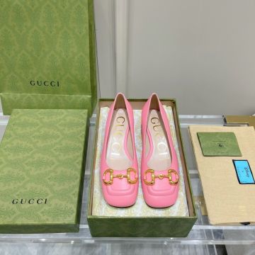 Cheapest Pink Leather Shiny Golden Horsebit Detail Square-toed Ballet Flats- Fake Gucci Low Heel Pump For Ladies