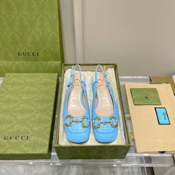 Best Price Light Blue Leather Square Toed Yellow Gold Toed -  Gucci Female Slingback Low Heeld Pumps
