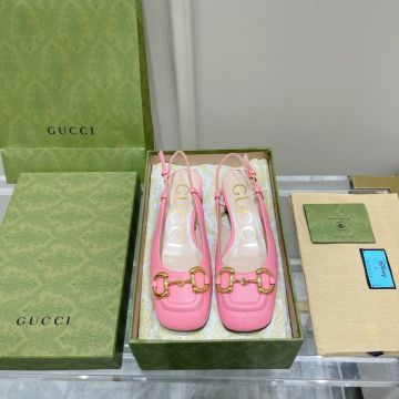 Elegant Style Slingback Yellow Gold Horsebit Detail Pink Leather - Imitation Gucci 3CM Heel Height Pink Leather Pumps