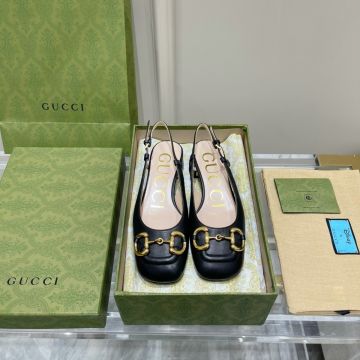 New Yellow Gold Horsebit Charm Low Heels Black Leather Square Toed -  Gucci Women's Slingbacks