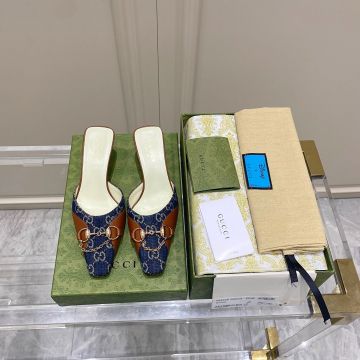 Spring Fashion Gucci GG Printing Blue Canvas Brown Leather Trimming Female Mid-Heel Horsebit Slippers