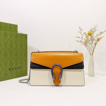 Clone Gucci Dionysus White Leather Yellow Flap Black Trim Silver Blue Double Tiger Head Detail Hot Sale Ladies Small Tote Bag
