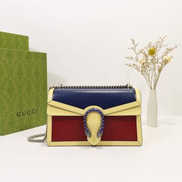 Top Sale Red-Blue Paneled Leather Yellow Trim Inlaid Sapphire Silver Double Tiger Head Closure Dionysus—Copy Gucci Elegant Small Shoulder Bag For Female