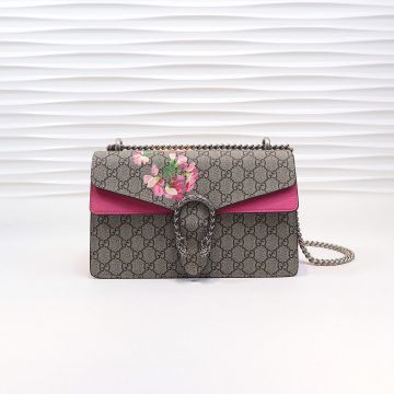  Gucci Dionysus Beige Canvas Dark Pink Suede Trim Silver Hardware High Quality Women'S Sliding Chain Small Shoulder Bag