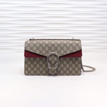 Clone Gucci Dionysus Burgundy Suede Trim Beige GG Canvas Look Flap Lock Design Classic Ladies Small Chain Shoulder Bag